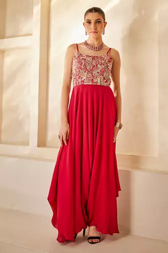 Raspberry red embroidered raw silk jumpsuit