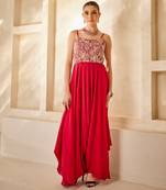 Raspberry red embroidered raw silk jumpsuit