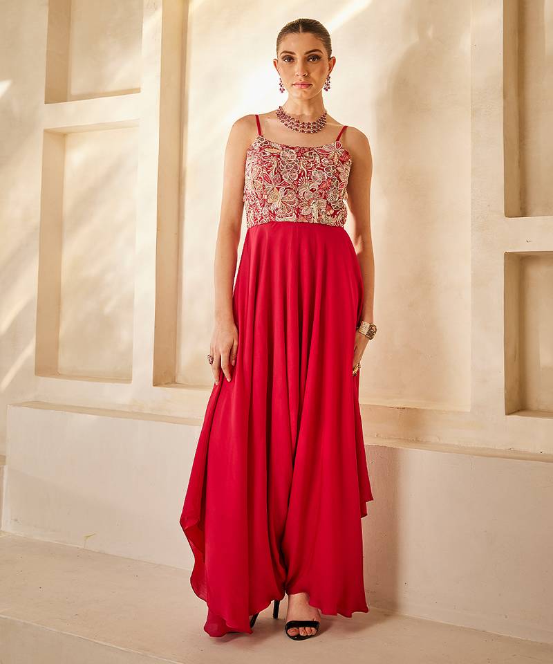 Raspberry red embroidered raw silk jumpsuit