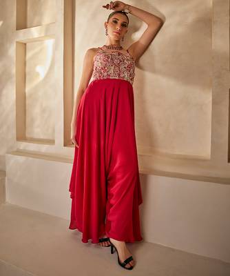 Raspberry red embroidered raw silk jumpsuit 2