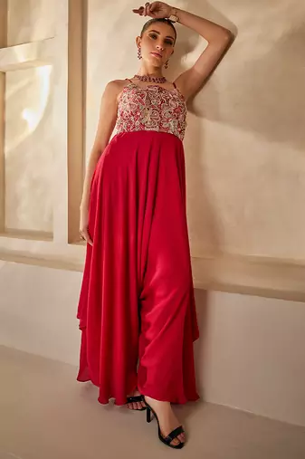 Raspberry red embroidered raw silk jumpsuit