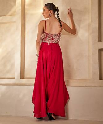 Raspberry red embroidered raw silk jumpsuit 3