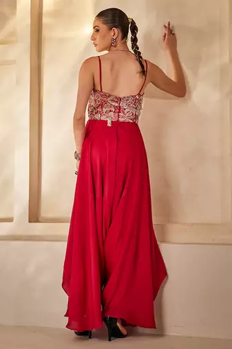 Raspberry red embroidered raw silk jumpsuit