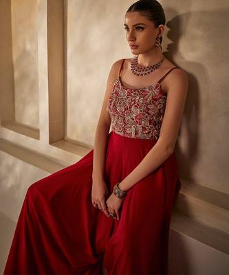 Raspberry red embroidered raw silk jumpsuit 4