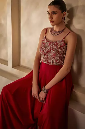 Raspberry red embroidered raw silk jumpsuit