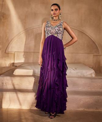 Deep purple embroidered raw silk gown 1