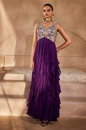 Deep purple embroidered raw silk gown
