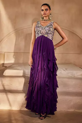 Deep purple embroidered raw silk gown