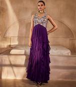 Deep purple embroidered raw silk gown