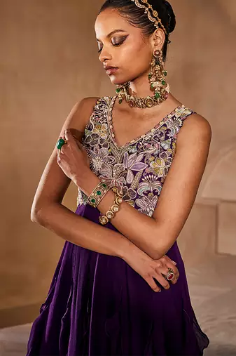 Deep purple embroidered raw silk gown