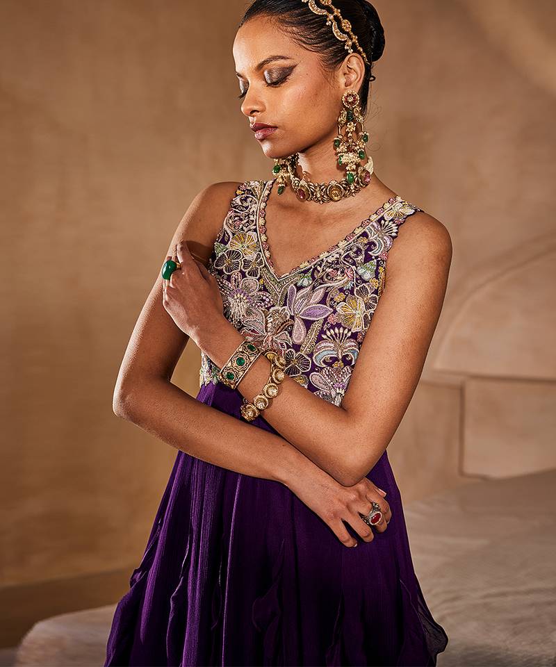 Deep purple embroidered raw silk gown