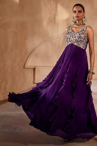 Deep purple embroidered raw silk gown