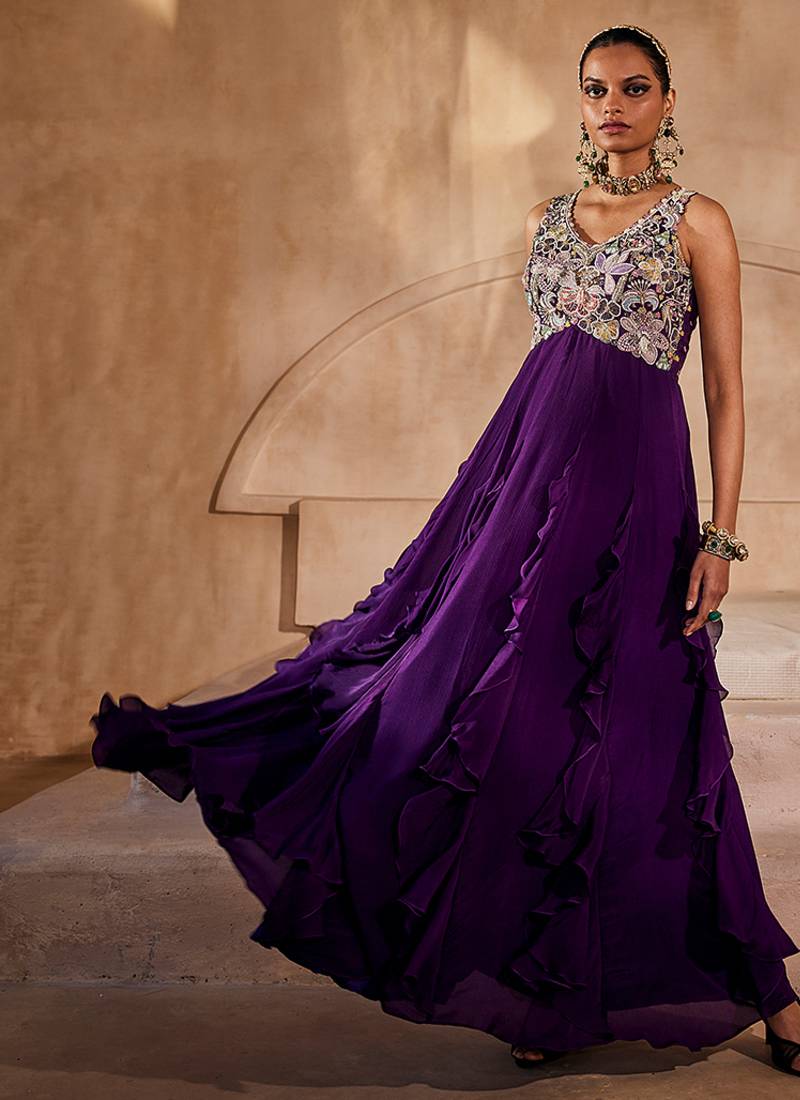 Deep purple embroidered raw silk gown