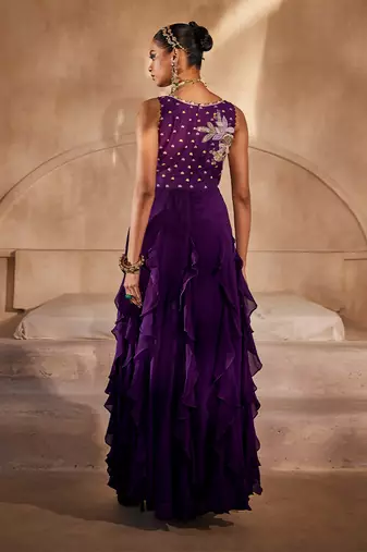 Deep purple embroidered raw silk gown