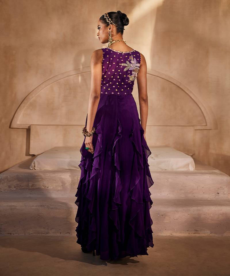 Deep purple embroidered raw silk gown