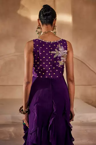 Deep purple embroidered raw silk gown