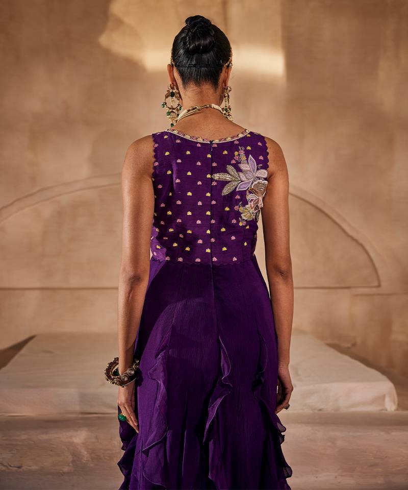 Deep purple embroidered raw silk gown