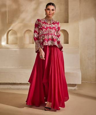 Hot pink embroidered raw silk gown 1