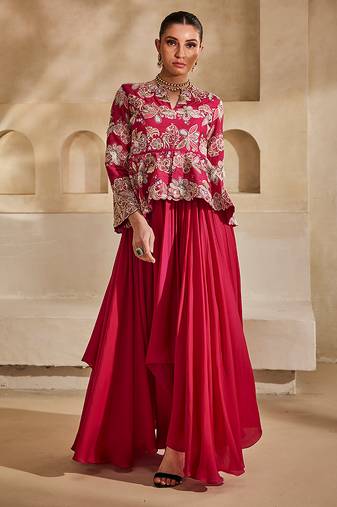 Hot pink embroidered raw silk gown