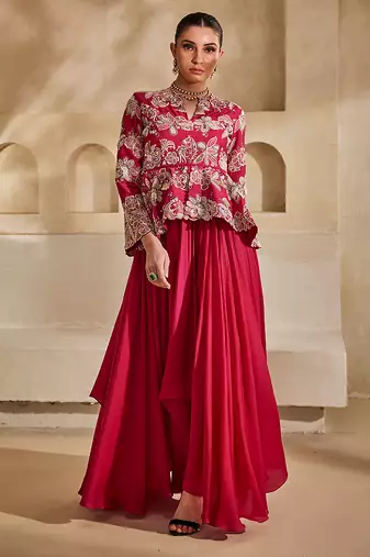 Hot pink embroidered raw silk gown