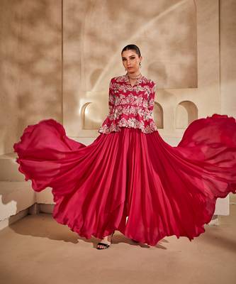 Hot pink embroidered raw silk gown 2