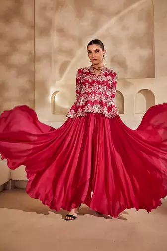 Hot pink embroidered raw silk gown