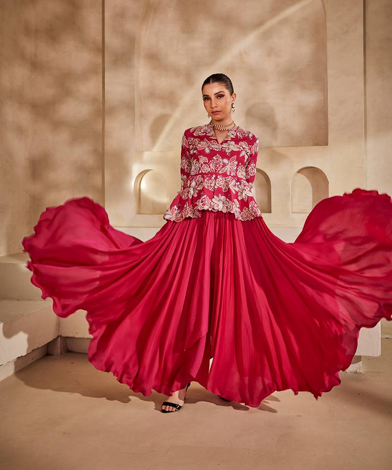 Hot pink embroidered raw silk gown