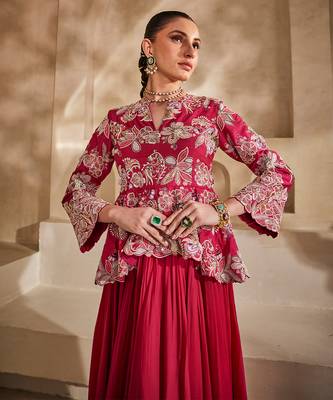 Hot pink embroidered raw silk gown 3