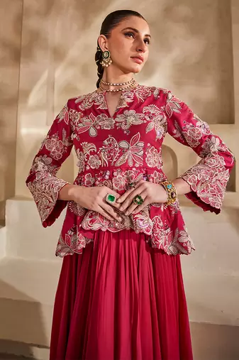 Hot pink embroidered raw silk gown