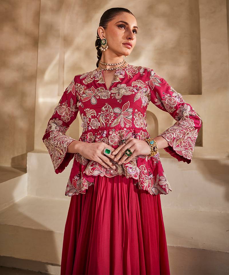 Hot pink embroidered raw silk gown