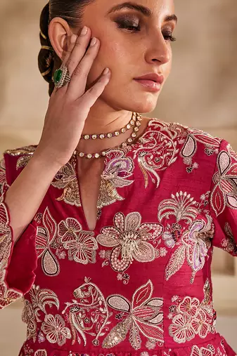 Hot pink embroidered raw silk gown