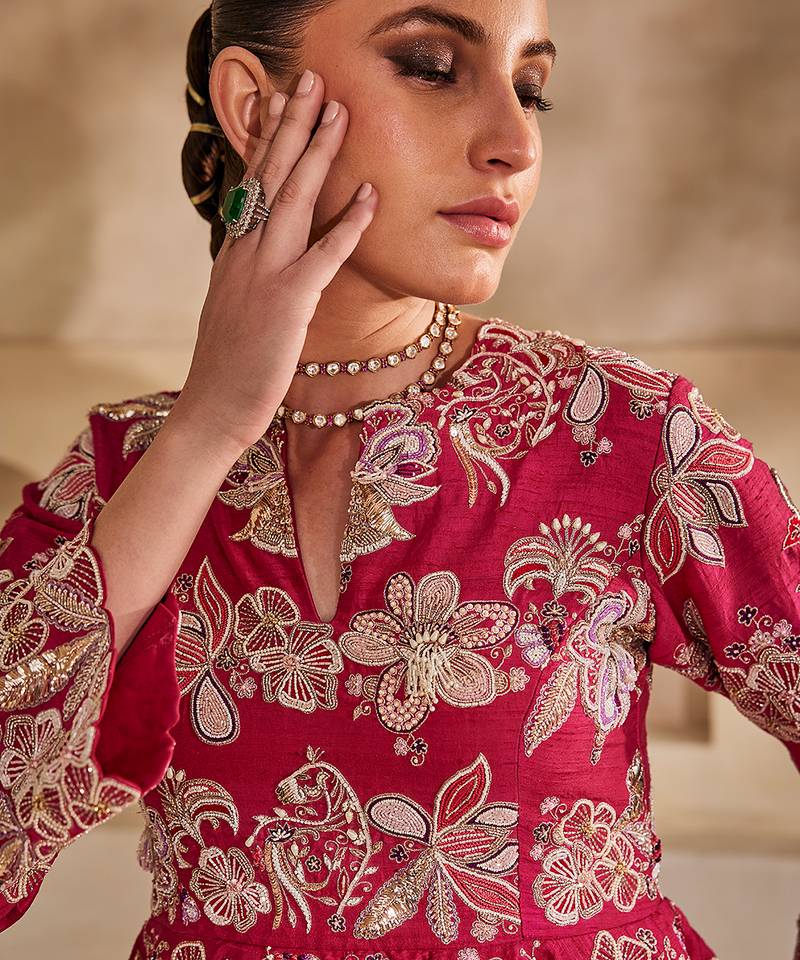Hot pink embroidered raw silk gown