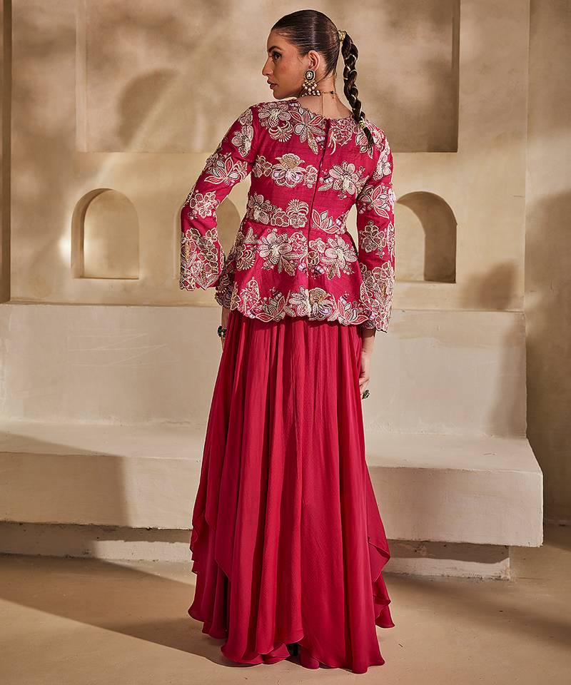 Hot pink embroidered raw silk gown