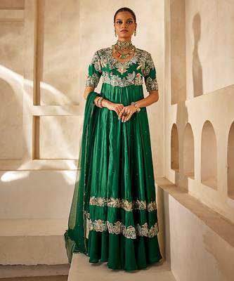 Emerald green embroidered raw silk anarkali set 1