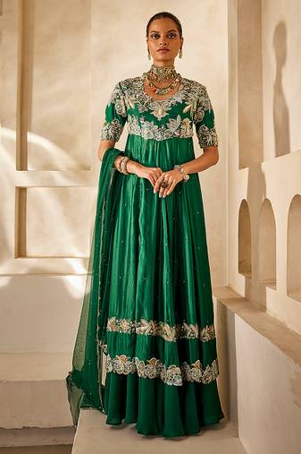 Emerald green embroidered raw silk anarkali set
