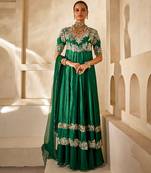 Emerald green embroidered raw silk anarkali set