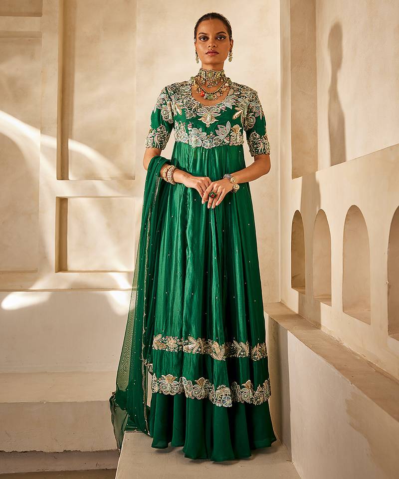 Emerald green embroidered raw silk anarkali set