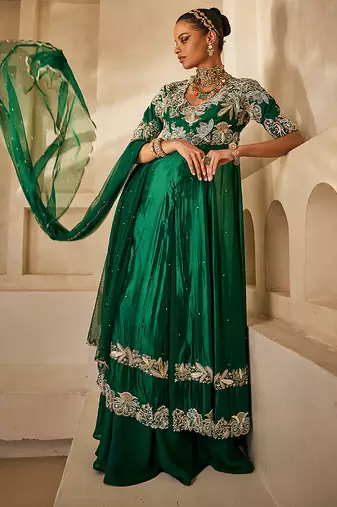 Emerald green embroidered raw silk anarkali set
