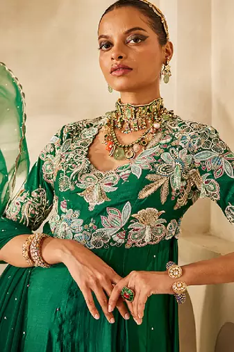 Emerald green embroidered raw silk anarkali set