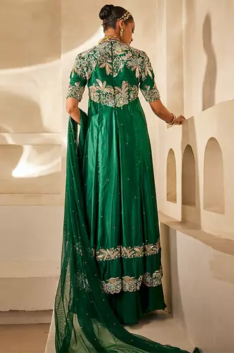 Emerald green embroidered raw silk anarkali set