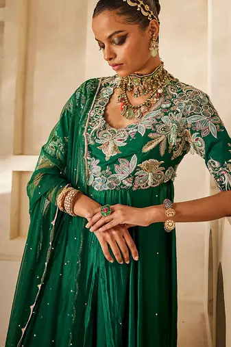 Emerald green embroidered raw silk anarkali set