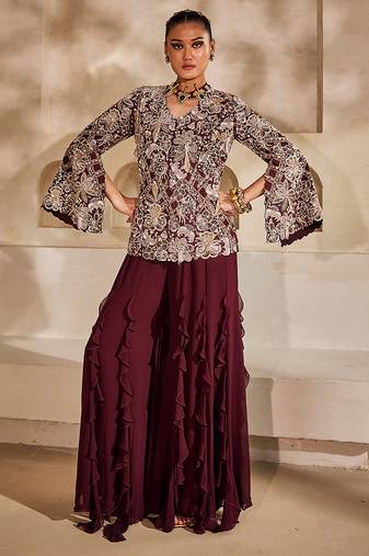 Marsala wine embroidered raw silk co ord set