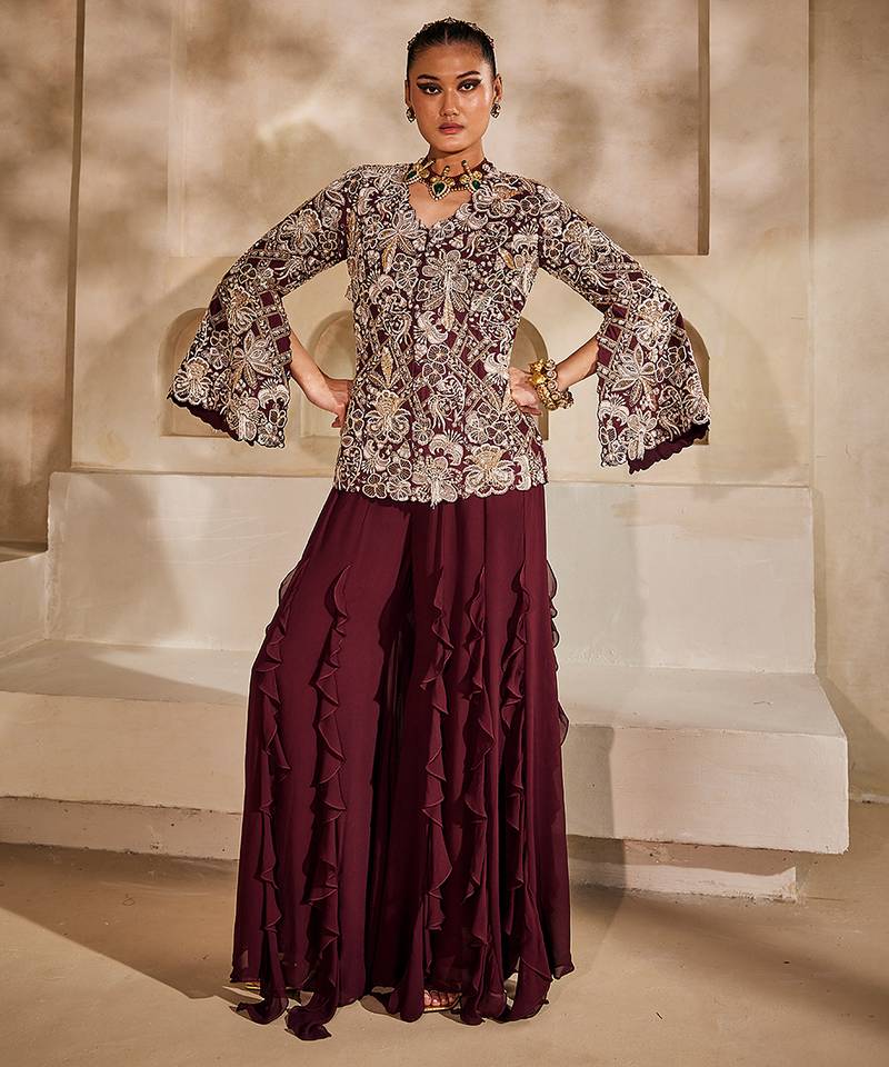 Marsala wine embroidered raw silk co ord set
