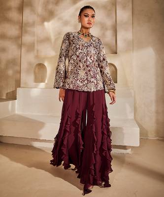 Marsala wine embroidered raw silk co ord set 2