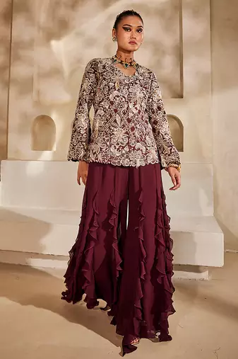 Marsala wine embroidered raw silk co ord set