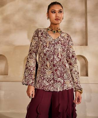 Marsala wine embroidered raw silk co ord set 3