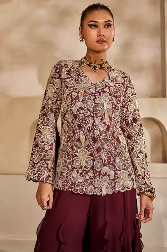 Marsala wine embroidered raw silk co ord set