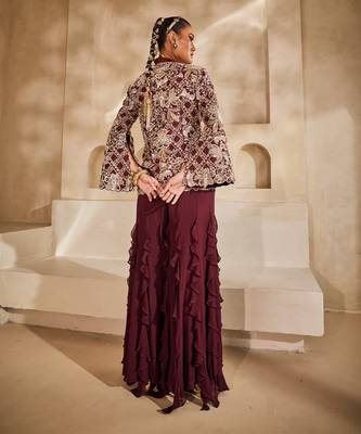 Marsala wine embroidered raw silk co ord set 4