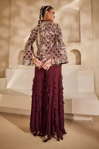 Marsala wine embroidered raw silk co ord set