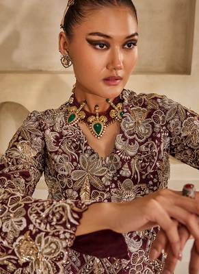 Marsala wine embroidered raw silk co ord set 5
